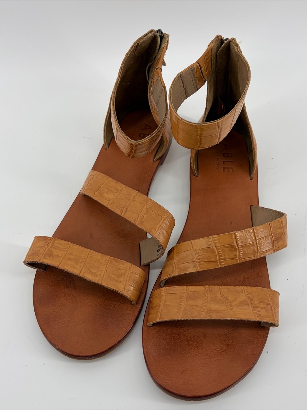 Able Crocodile Embossed Strappy Leather Zip Sandals Tan Women Size 10